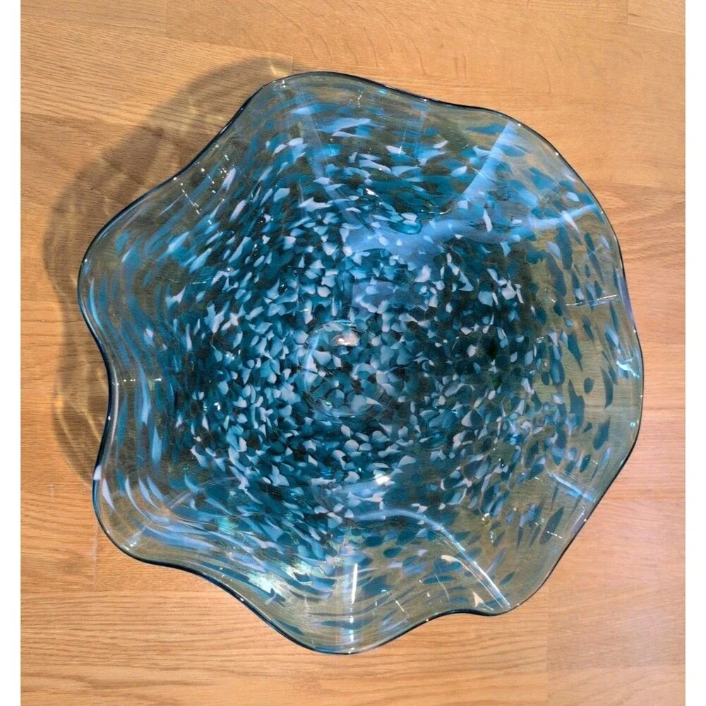 Vtg Blown Art Glass Blue White Confetti Floppy Bowl Handkerchief Ruffle 12